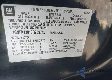 2008 Chevrolet Tahoe Ltz from USA, damaged, VIN 1GNFK13018R259715